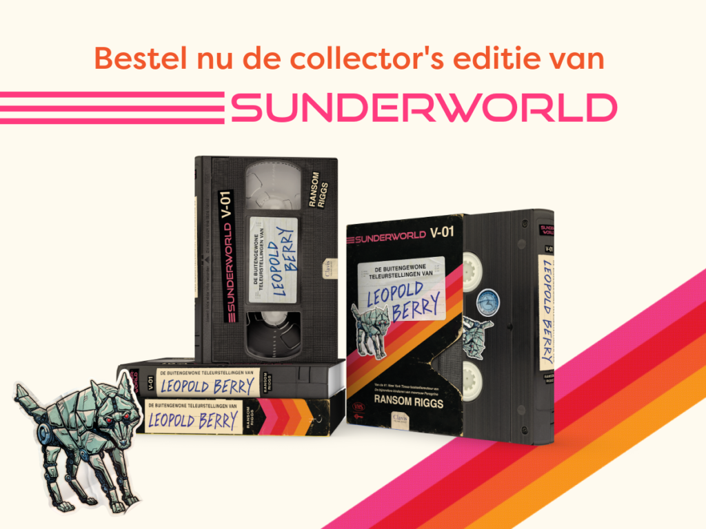 Blogbanner met beige achtergrond en de titel 'Bestel nu de collector's editie van Sunderworld'. Er is ook een render te zien van het boek en de slipcase: een hardcover boek met videocassette-look.